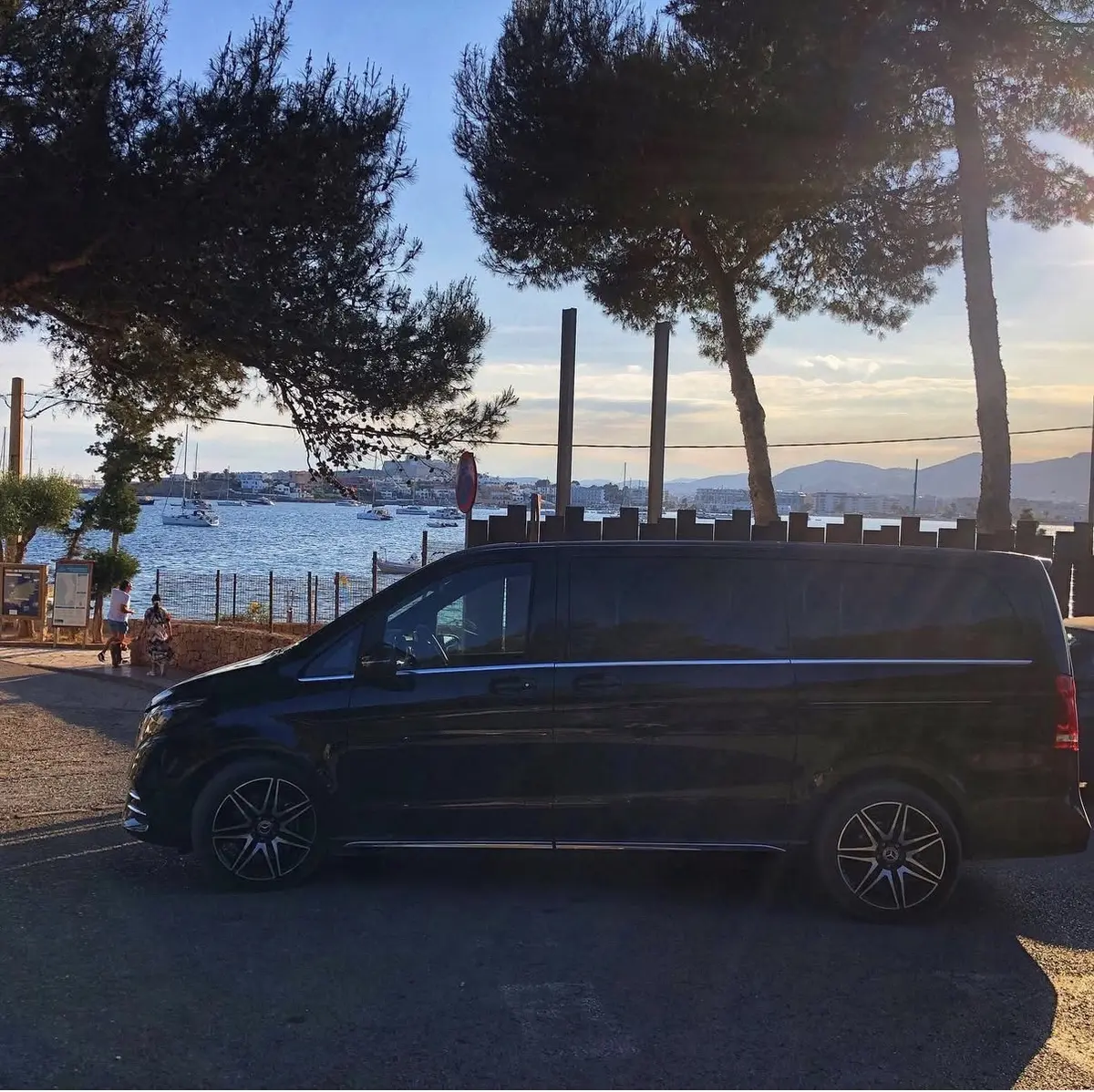 Black Mercedes-Benz V-Class near Ibiza marinas and port areas