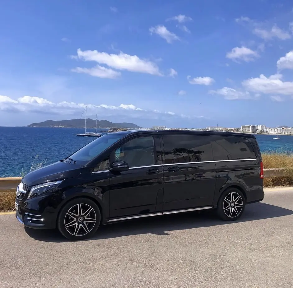 Black Mercedes-Benz V-Class private driver vehicle on the Ibiza coast